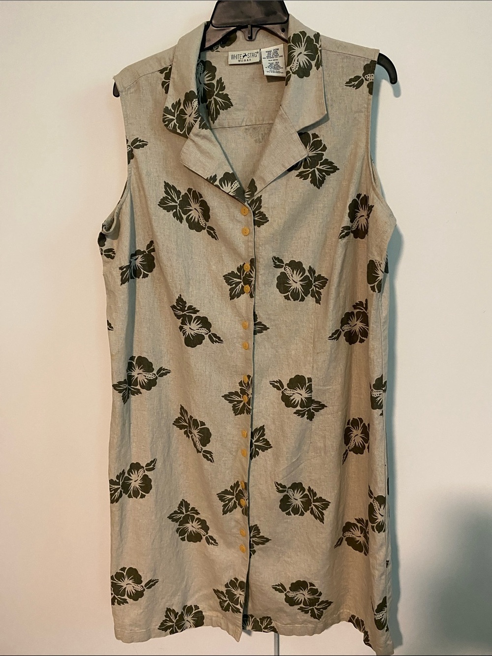 White Stag Linen Blend Dress in Flax with Olive Print